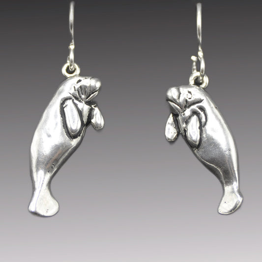 Manatee Earrings, Handcrafted Recycled Silver Manatee Jewelry Endangered Species .925