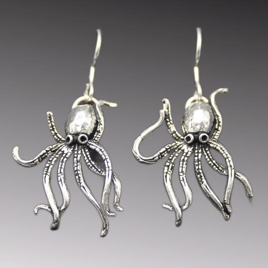 Octopus Earrings, intricately designed Handcrafted Silver Jewelry with Sea Creature Motif.