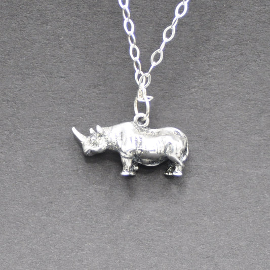 Rhinoceros Necklace Recycled Sterling Silver .925 Cable Chain Endangered Species