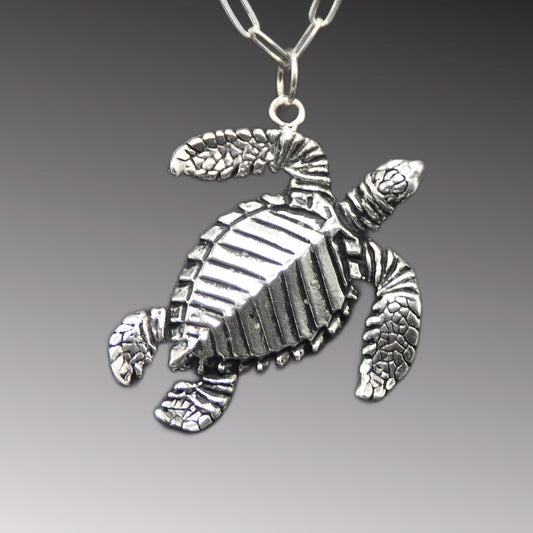 Sea Turtle Pendant Recycled Sterling Silver .925 18 Inch Cable Chain Endangered Species